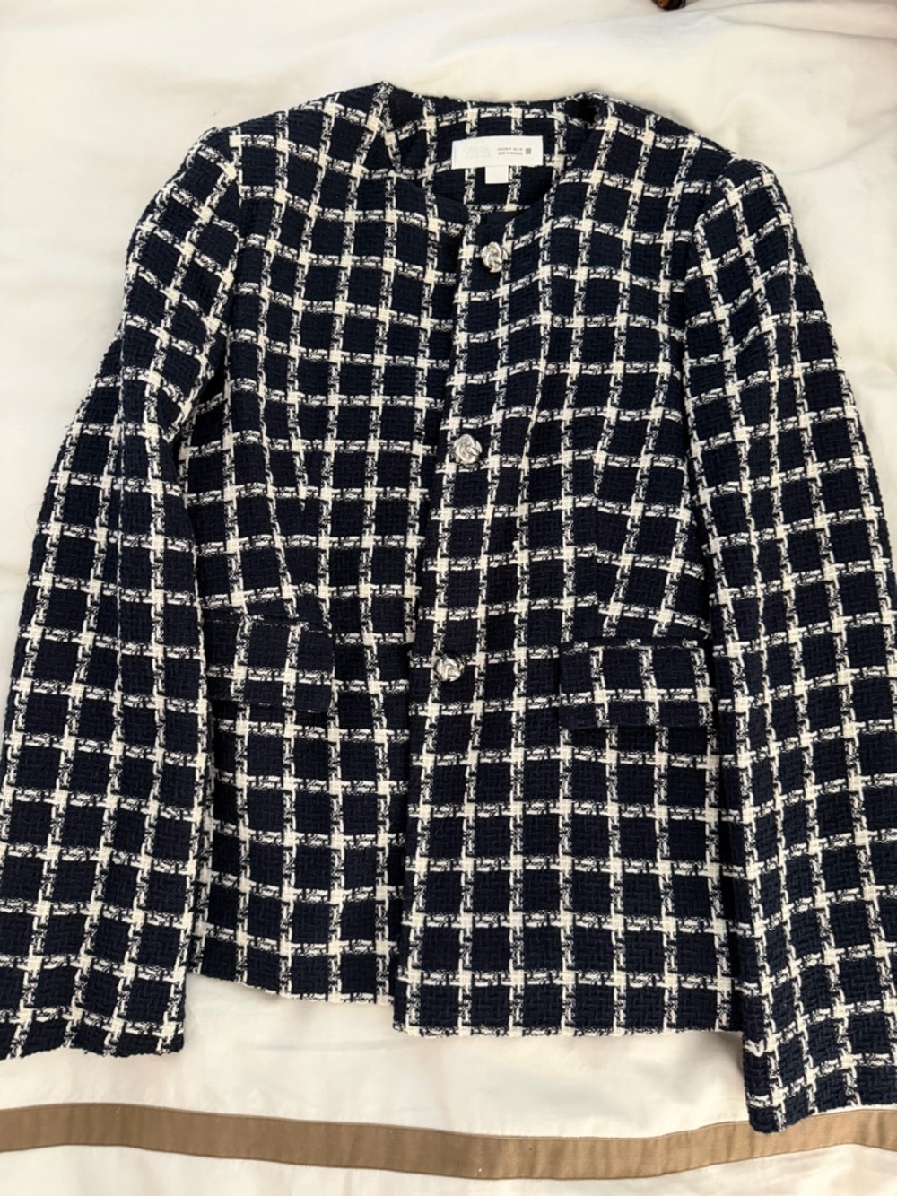 Zara Blue and White Check Tweed Blazer - Size Small